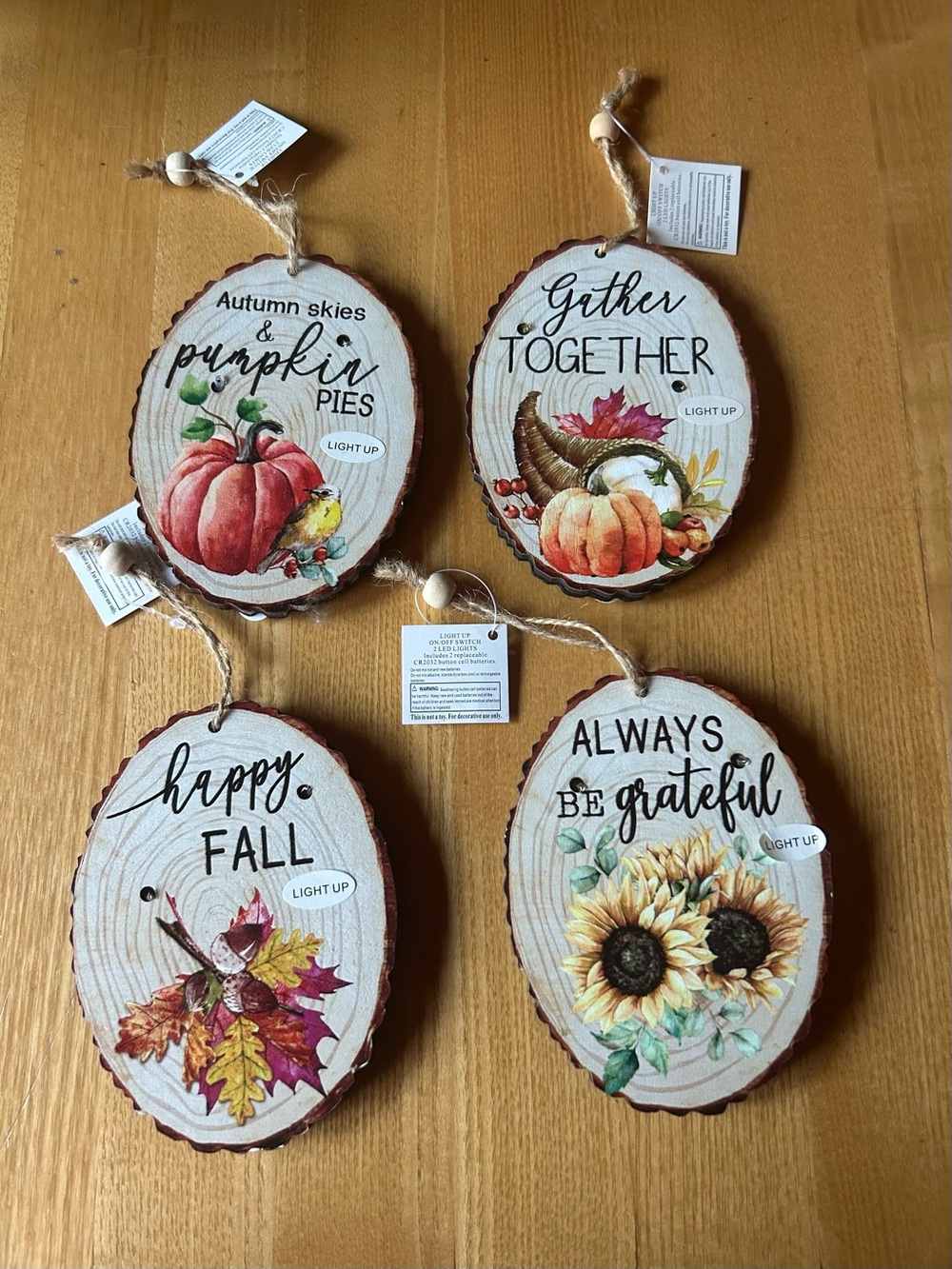 Autumn Harvest Light Up Decorative Wood Slice Hanging Signs